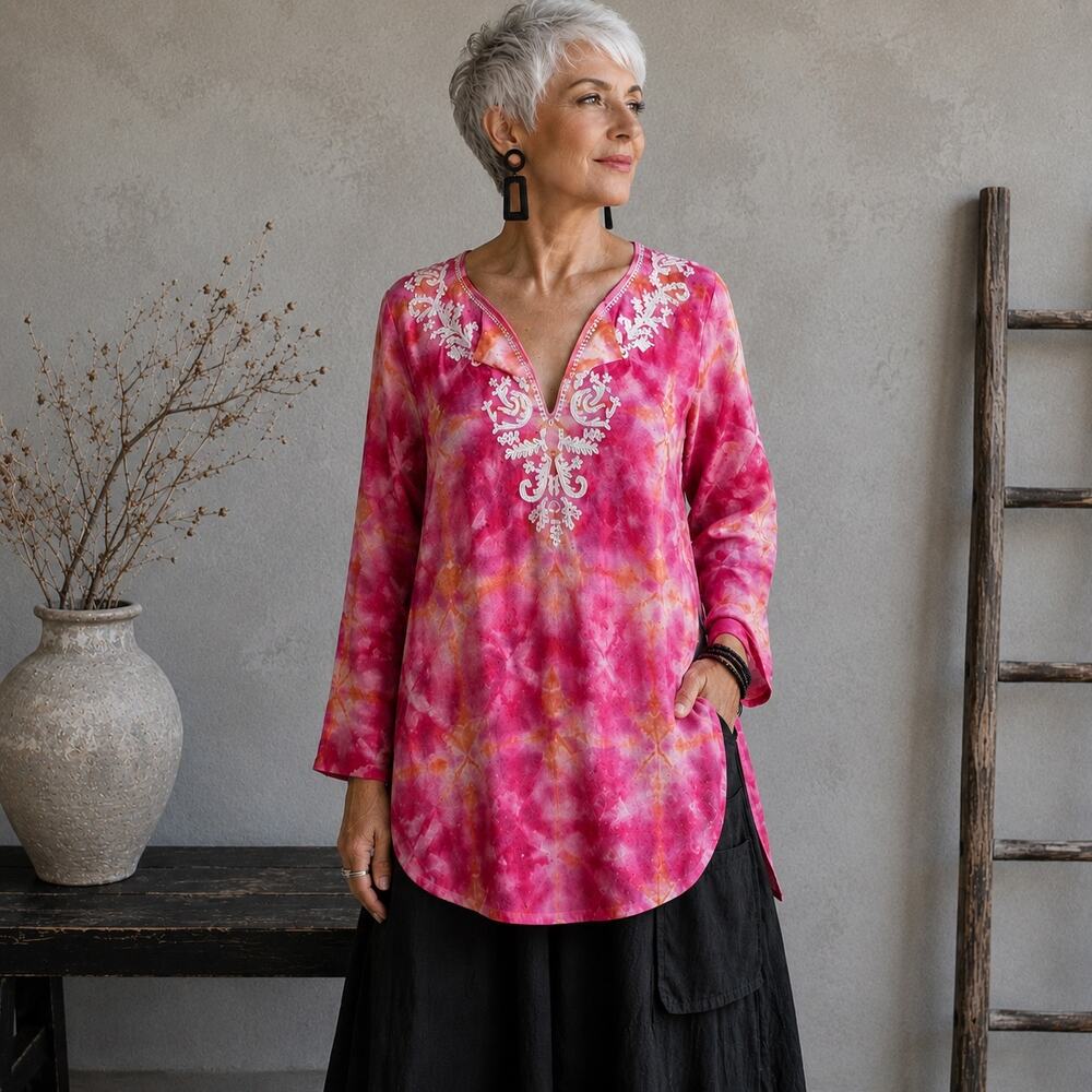 J Jill Pink Orange Watercolor  Beaded  V neck Top Small